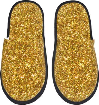 Generic Fluffy Slippers Gold Glitter Breathable Fleece Slippers Non-Slip House Shoes For Holiday Men Ladies M