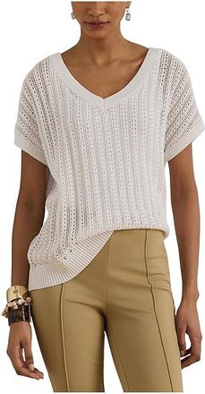 Lauren Ralph Lauren Petite Cotton-Blend Mesh Short Sleeve Sweater Womens Clothing White : PXS