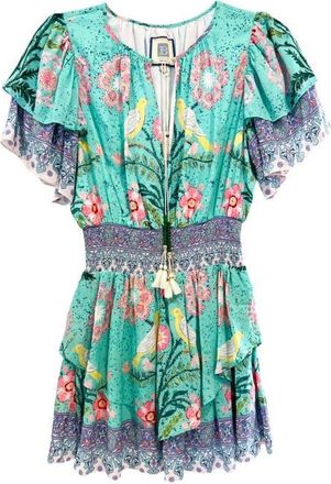 Alicia Bell Julie Print Cotton & Silk Cover-Up Minidress in Green Pink Bird Print at Nordstrom, Size X-Small