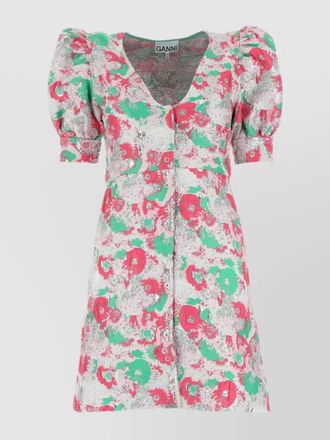 Ganni floral-embroidered metallic mini dress