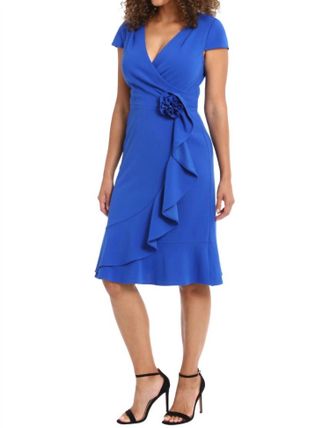 Maggy London Wrap Dress Wtih Rosette In Cobalt