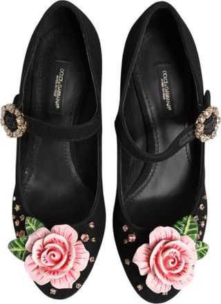 Dolce & Gabbana Womens Black Flower Crystal Embellished Mary Jane Shoes Wool Rayon Goat Skin