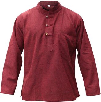 Shopoholic Fashion Plain Hemp Fabric Band Collar Hippy Grandad Shirts for Men, Maroon, 2XL