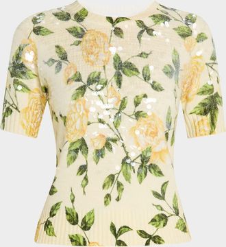 Oscar De La Renta English Rose-Print Sequined Short-Sleeve Sweater