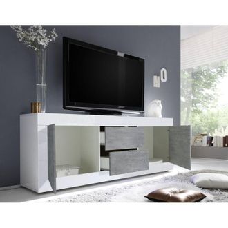 Dmora Mueble Para Tv Sinello, 2 Compartimentos, Apertura Con Manilla, 86 Pulgadas, 210x43x65h Cm Blanco Brillante