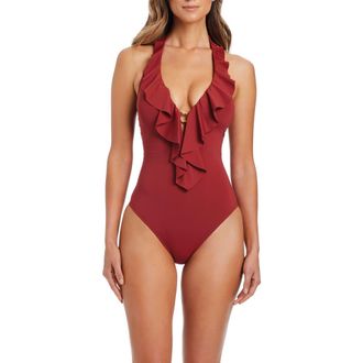 Bleu Rod Beattie Ruffled Plunge Neck Halter One-Piece Swimsuit in Barcelona Red at Nordstrom, Size 10