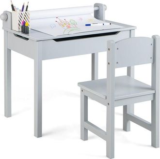 Costway Juego De Mesa Y Silla Infantil De Madera, Mesa De Actividades Para Ni&ntilde;os Con Silla, Escritorio Infantil Con Almacenamiento Y Soporte Para Rollo De Pap