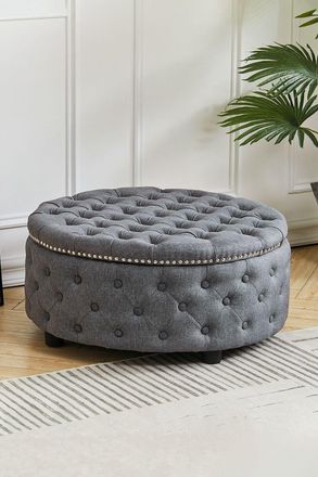 Living and Home Round Linen Deep Buttoned Footstool with Studded Edge in Dark Grey