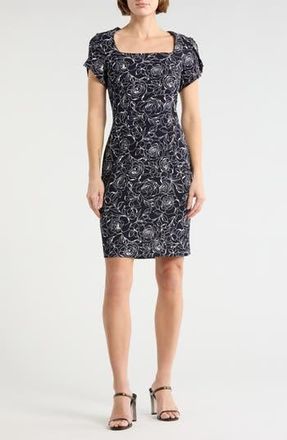 Connected Floral Tulip Sleeve Sheath Dress in Navy at Nordstrom Rack, Size 16