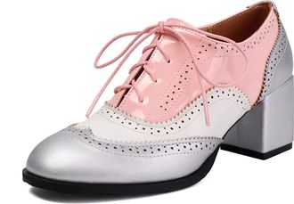 Generic Womens Patent Leather Vintage Brogues Mid Block Heel Oxfords Dress Shoes Lace-Up Casual Shoes,Silver,8.5 UK