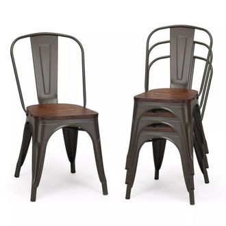 Costway Costway Set of 4 Dining Chair Industrial Stackable Bar Stool with High Backrest in Brown