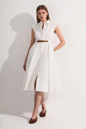 Karen Millen Womens Tailored Cotton Belted Collared Full Midi Dress - White - Size 10 UK