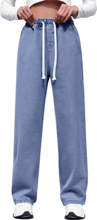 Generic Wide Leg Jeans for Women Baggy High Waisted Jeans Stretch Straight Leg Pants Casual Drawstring Trousers Blue