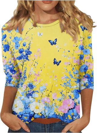 Generic My Order Womens Casual 3/4 Sleeve Blouse UK Summer Fashion Crewneck Tunic Tops Funny Floral Butterfly Polka Dots Print Shirts Dressy Comfy Breathable 