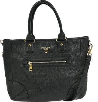 Prada Front Zip Tote Vitello Daino Black Leather Handbag (Pre-Owned)