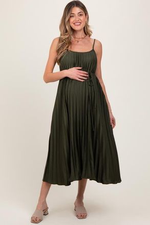 Pinkblush Pleated Sash Tie Midi Dress in Olive Green at Nordstrom, Size Medium