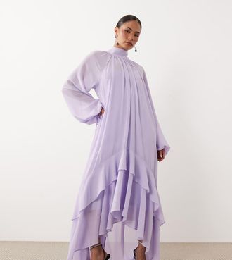 Tfnc Petite Vestito lungo accollato a maniche lunghe in chiffon lilla con fondo a balze-Viola