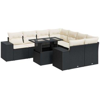 vidaXL Set De Sof&aacute;s De Jard&iacute;n Con Cojines 9 Pzas Rat&aacute;n Sint&eacute;tico Negro Vidaxl