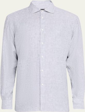 Ermenegildo Zegna Mens Stripe Oasi Lino Casual Button-Down Shirt