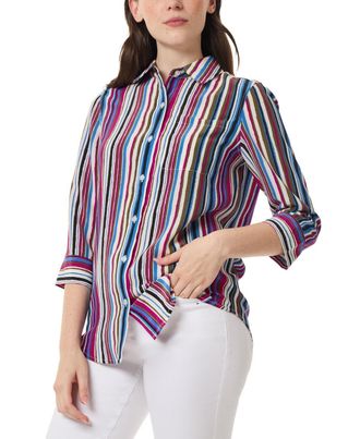 Jones New York Shirt WomensPetites Multicolor Striped Button-Down FTS1267