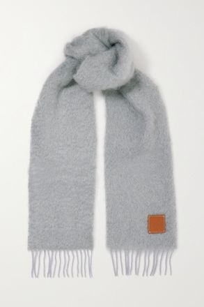 Loewe Sciarpa In Misto Mohair Con Frange E Finiture In Pelle - Grigio
