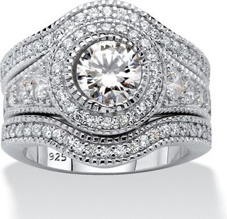 Palm Beach Jewelry 2.73 TCW Round CZ Platinum-plated Silver 3-Piece Vintage-Inspired Bridal Set