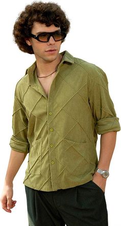 Campus Sutra Mens Pistachio Green Grid-Corduroy Shirt