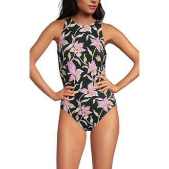 Lands End D-Cup Tugless High Neck Portrait Back One Piece Swimsuit in Tropic Floral/rich Olive at Nordstrom, Size 12