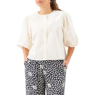 Karen Kane Puff Sleeve Faux Pearl Button Cotton Shirt in Cream at Nordstrom, Size X-Large