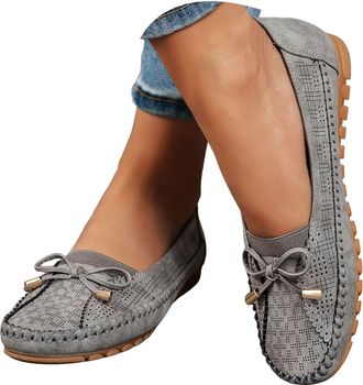 Generic Womens Suede Loafers Perforated Ballet Flat with Bow Breathable Memory Foam Insole Shoes Rubber Sole for All-Day Wear (Grey, 5.5)