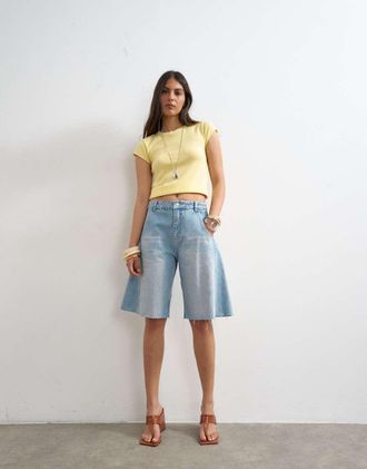 Topshop Jorts a palloncino in denim lavaggio candeggiato-Blu