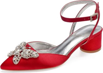 Generic Wedding Shoes Womens Bridal Pointed Toe Chunky Block Heel Ankle Strap Low Heels Slingback Heeled Sandals 4.5Cm,red,4 UK