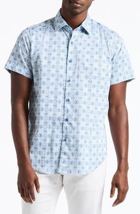 Robert Graham Madagascar Short Sleeve Stretch Cotton Button-Up Shirt in Blue at Nordstrom Rack, Size Small