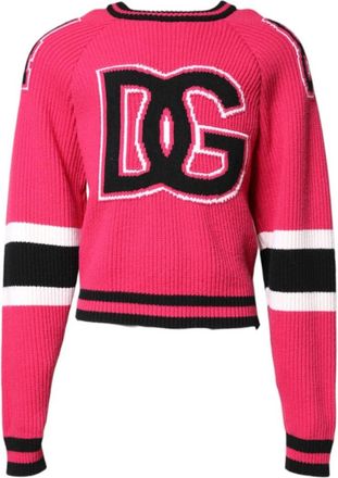 Dolce & Gabbana Roze Logo Print Gebreide Pullover Sweater - Heren - Ronde hals truien - Roze - M - Truien & Vesten