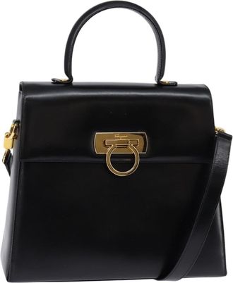 Ferragamo Gancini Convertible Top Handle Bag Leather Black Leather Handbag (Pre-Owned)