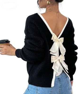 Generic Ladies Knitted Jumper with Bow Detail on Back Soft Round Neck Back-V Knit Pullover for Women