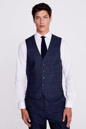 Moss Regular Fit Navy Black Check Waistcoat