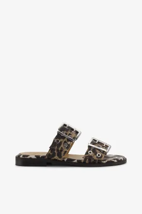 Ganni Mixed Leopard Denim Feminine Buckle Two-Strap Sandals - Size 11 Organic Cotton