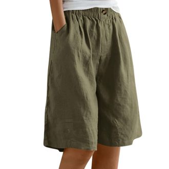 Generic Bermuda Shorts for Women Wide Leg Linen Knee Length Summer Casual Long Shorts Loose High Waisted Short with Pockets