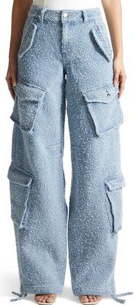 Mani&egrave;re De Voir Anne High Waisted Boucle Denim Cargo Pants in Mid Blue at Nordstrom, Size 10