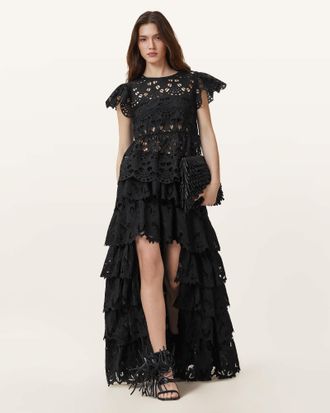 AllSaints Polyester Cavarly Embroidered Maxi Skirt, Size: UK 16/US 12