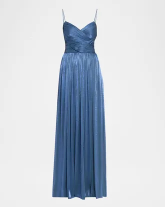 Costarellos Sireen Metallic Georgette Sleeveless Crisscross Gown