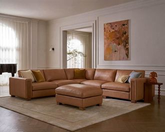 Castlery Tan France Kagan Leather 5-Piece L-Shape Sectional Couch with Ottoman, Cocoa Brown, American Top-Grain Leather, Modern Heritage Modular Sofa