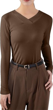 Generic Underwear Thermal Women Thermal Tops for Women Lined Shirt Long Sleeve Base Layer V Neck Long Underwear Shirt (Brown, XL)