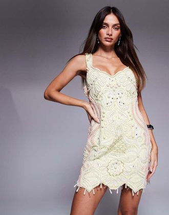 Asos Vestito corto rosa e giallo tempestato di perle