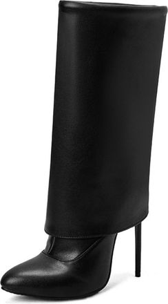 Generic Womens PU Leather Long Boots with Side Zipper Pointed Toe Fold-Over Boots Stiletto High Heel Mid-Calf Boot,Black,4.5 UK
