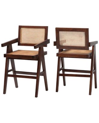 Baxton Studio Set Of 2 Kresna Rattan Counter Stools With Mahogany Wood Frame & Armrest
