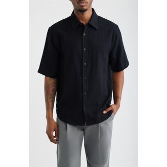 Open Edit Dune Oversize Short Sleeve Wool Blend Jacquard Button-Up Shirt in Black at Nordstrom, Size Xx-Large