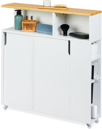 Relaxdays Relaxdays Slim Rolling Cart, Toilet Brush Holder, 79x17x75 cm, Bathroom Storage Trolley, MDF, Bamboo, White/Natural