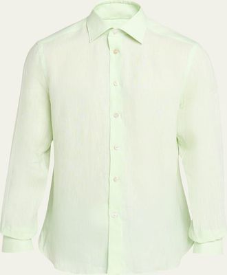 Kiton Mens Solid Linen Button-Down Shirt with Mother-Of-Pearl